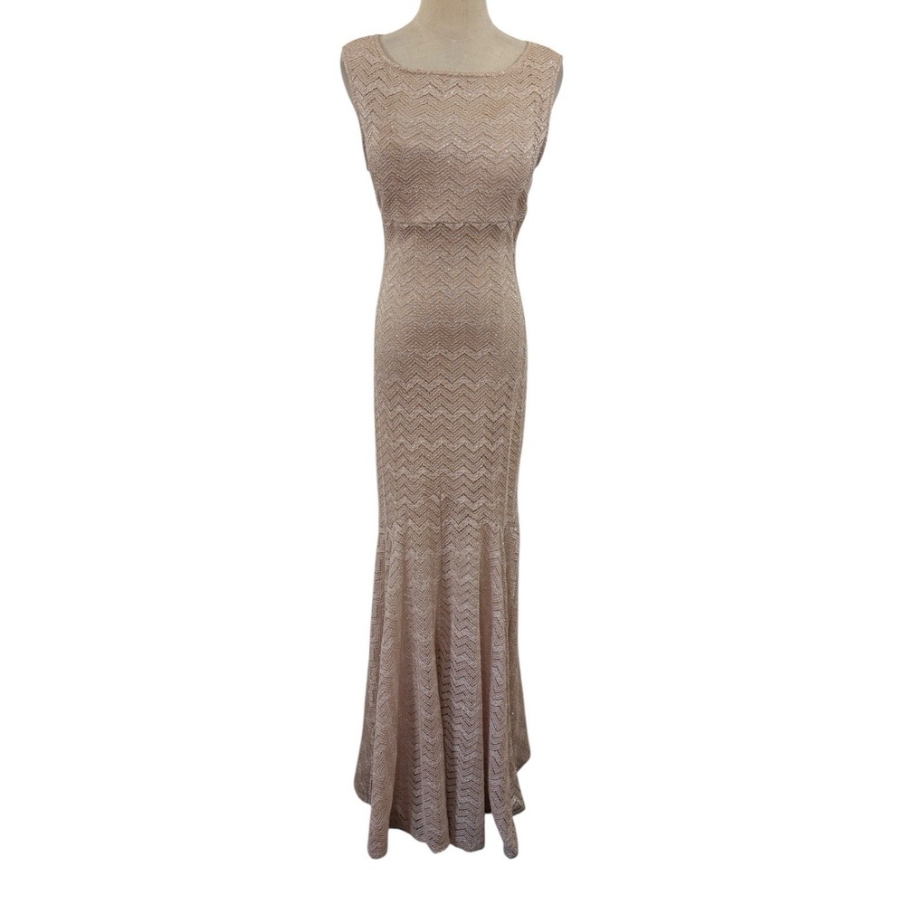 Vtg 90s Y2K Gold Crochet Lace Mermaid Gown Sz 9/10 Backless Cottagecore Boho
